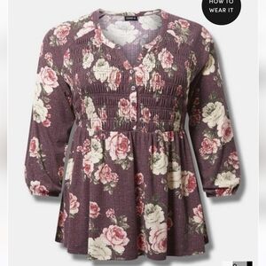 🆕️FLORAL TEXTURE JERSEY RAGLAN SMOCKED HENLEY BABYDOLL